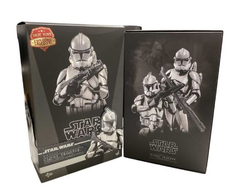 Star Wars Hot Toys 1/6th Scale action figure 'The Mandalorian' Clone Trooper (chrome version), boxed, MMS643 and Stormtrooper