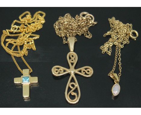 A group of three pendants on chains, various 9ct gold marks, gross wt. 6.43g.&nbsp;Condition - good, no damage/repair, genera