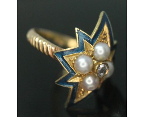 A diamond and pearl set ring, unmarked, gross wt. 4.18g, size K.  