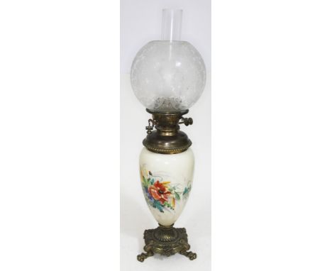 A brass mounted and hand painted glass oil lamp with etched glass shade, height 69cm.Condition: no signs of any damage or rep