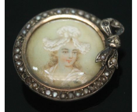 A portrait miniature brooch, white metal set with a diamond and pearls, diam. 23cm, gross wt. 4.72g.  