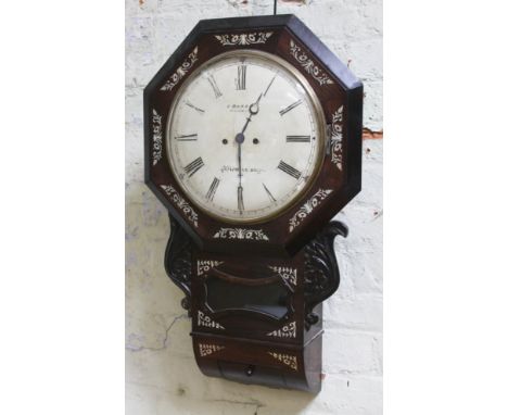 A mother of pearl inlaid rosewood double fusee drop dial wall clock, the 30cm dial signed 'E Baker Coleshill St Birmingham', 