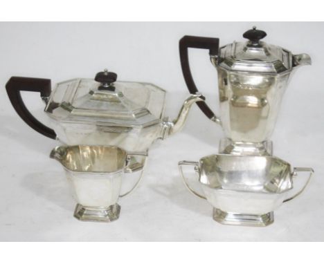 A four silver tea set, Adie Brothers, Birmingham 1933 - 1937, gross wt. 57oz.&nbsp;Condition - ding to coffee foot rim and do