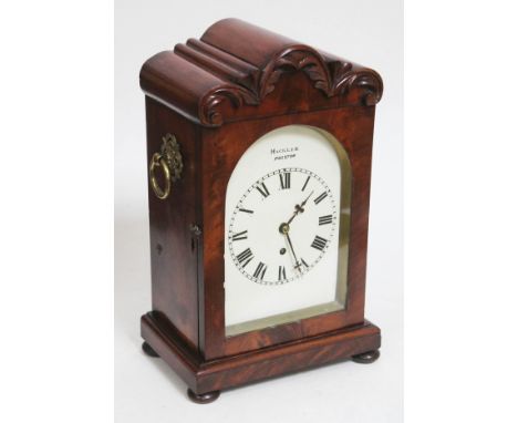 A 19th century mahogany single fusee bracket clock, scroll top, twin gitl brass handles, painted dial with Roman Numerals sig