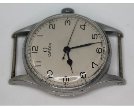 A 1942 stainless steel Omega wristwatch ref.10521577, possibly military air force, with signed white dial, Arabic numerals an