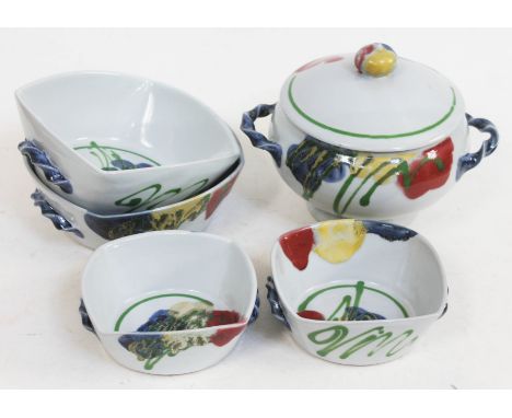 Janice Tchalenko "Poppy" for Dartington Pottery, five pieces comprising four square dishes with twist handles and a lidded tu