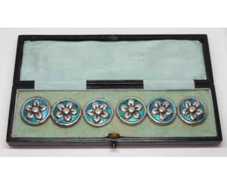 A cased set of six Arts &amp; Crafts enamelled silver buttons, William Hair Haseler, Birmingham 1909, diam. 24mm each. Condit