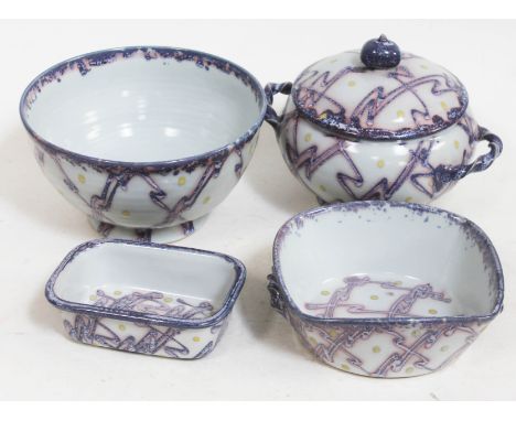 Janice Tchalenko "Jazz" for Dartington Pottery, four pieces comprising lidded tureen with twist handles, large bowl, square d