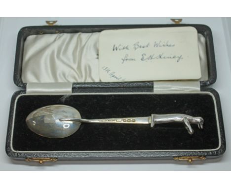 A cased novelty silver spoon with penguin finial, Sanders &amp; Mackenzie, Birmingham 1936.  