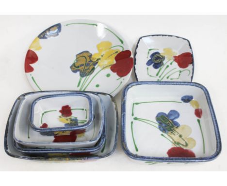 Janice Tchalenko "Poppy" for Dartington Pottery, seven pieces comprising five rectangular baking dishes, a platter and a squa