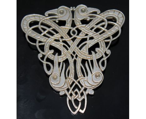 A modern Scottish Celtic style hallmarked silver brooch by Rita &amp; Douglas Scott (Tain Silver), length 52mm.  