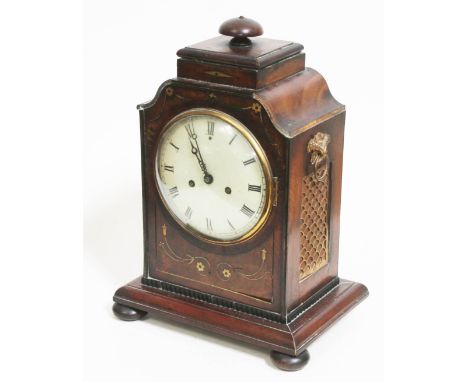 A mahogany bracket clock, twin spring driven movement, brass inlaid case, the sides with gilt brass handles and fish scale gr