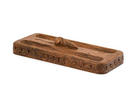 Robert Mouseman Thompson (1876-1955): An English Oak Pen Tray, rectangular with carved edge and dated 1933, two compartments 