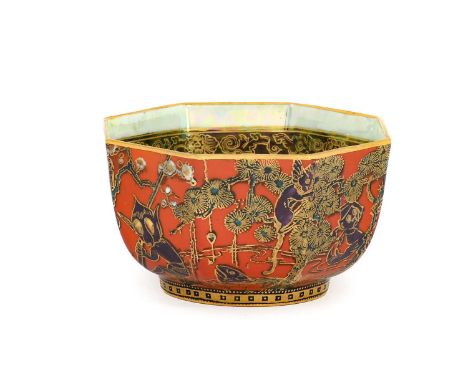 A Wedgwood Fairyland Lustre Red Firbolgs I Octagonal Bowl, designed by Daisy Makeig-Jones, gilt Portland Vase mark, painted Z