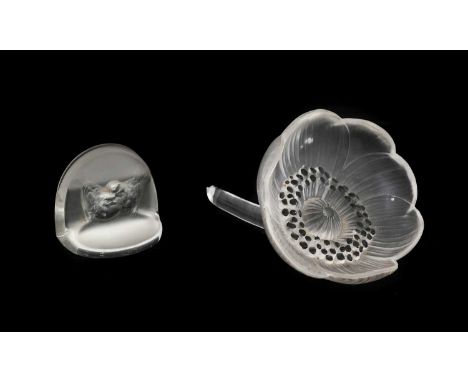 René Lalique (French, 1860-1945): A Clear and Frosted Glass Pinons Menu Holder, designed 1924, moulded with a pair of finches