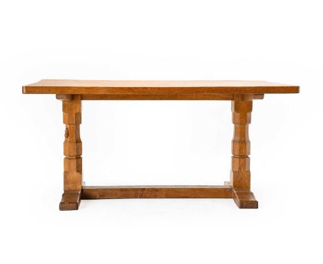 Workshop of Robert Mouseman Thompson (Kilburn): An English Oak 5ft Refectory Dining Table, on two octagonal legs joined by a 