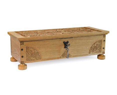 Peter Dalby (1936-2022) Lancashire: A Carved Oak Chest, the rectangular lid and front panel carved with Norse mythology, wrou