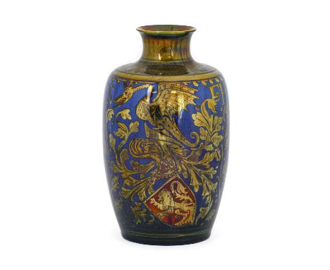 A Pilkington's Royal Lancastrian Lustre Vase, decorated by William S Mycock, with motto FRANGAS NON FLECTES and coat of arms,