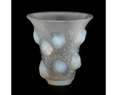 René Lalique (French, 1860-1945): An Opalescent, Stained and Frosted Saint Françoise No.1055 Glass Vase, moulded in relief wi