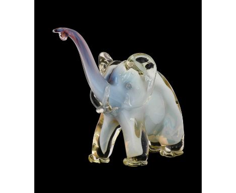 A Murano Opalescent, Pink and Clear Glass Elephant, probably by Archimede Seguso, stood with raised trunk, unmarked, 24cm hig