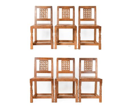 Workshop of Robert Mouseman Thompson (Kilburn): A Set of Six English Oak Lattice Back Dining Chairs, tan hide upholstered sea