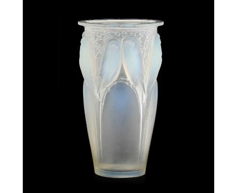 René Lalique (French, 1860-1945): An Opalescent, Stained and Frosted Ceylan No.905 Glass Vase, of tapering cylindrical form, 