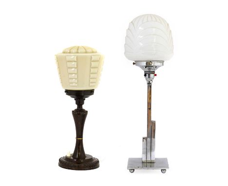 An Art Deco Bakelite Table Lamp, shaped column and circular base, with a cream moulded glass shade, 36.5cm high; and An Art D