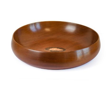Peter Dalby (1936-2022) Lancashire: A Large Teak Bowl, with inlaid shell in a walnut cartouche, 47cm diameterFrom the estate 