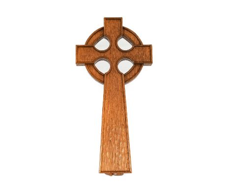 Workshop of Robert Mouseman Thompson (Kilburn): An English Oak Wall Celtic Cross, tooled, with carved mouse trademark, 20cm w