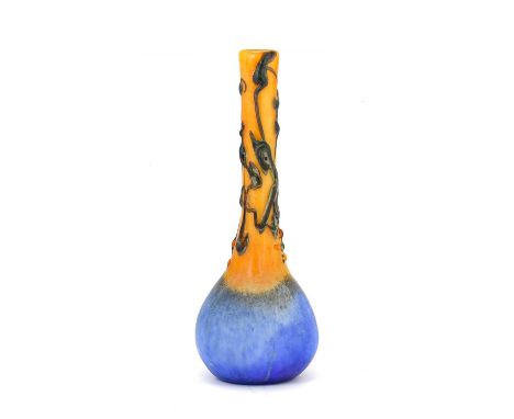 A French Art Deco Glass Vase, possibly Nancy School, the slender neck with trailed decoration on an orange ground, with a blu