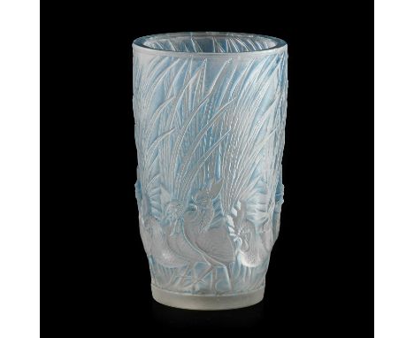 René Lalique (French, 1860-1945): A Stained and Frosted Coq Et Plumes No.1033 Glass Vase, moulded in relief with cockerels, w