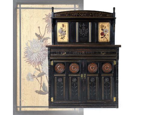 An Aesthetic Movement Cupboard, the raised back with verse BE NOT SEEM TO BE, above three panels painted and carved with flow