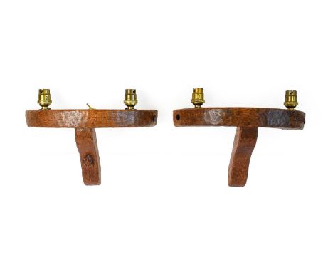 Workshop of Robert Mouseman Thompson (Kilburn): Two English Oak Double Wall Light Brackets, semi-circular with two upward fac