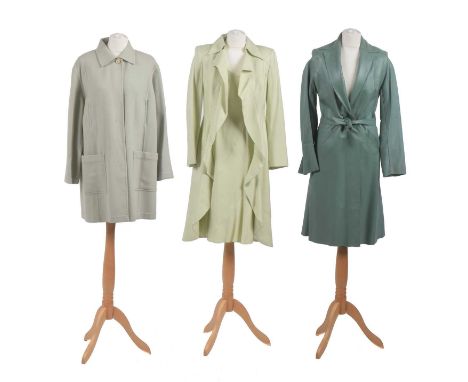 Three designer coats, to include a leather Betty Jackson coat with belt, a Salvatore Ferragamo wool sage green coat with pale