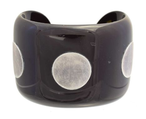A Hermès horn and silver cuff PM bangle, the resin coated horn bangle with silver disc accents, signed Hermès, stamped AG925,