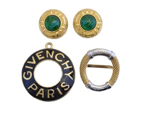 A selection of designer jewellery, to include a pair of Christian Dior green paste earrings, a Givenchy pendant, and a Burber