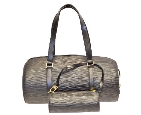 A Louis Vuitton Epi Soufflot handbag and pouch, circa 1996, the black Epi leather exterior with smooth leather trim, double l