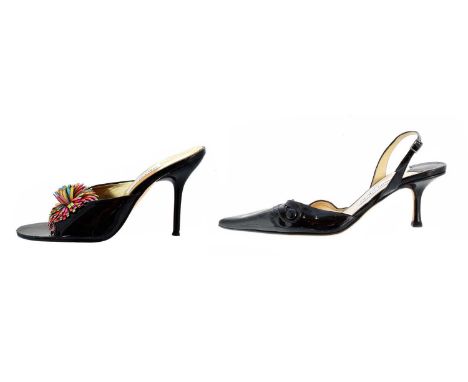 Two pairs of designer heels, to include a pair of black patent leather Jimmy Choo kitten heels with button front and sling ba
