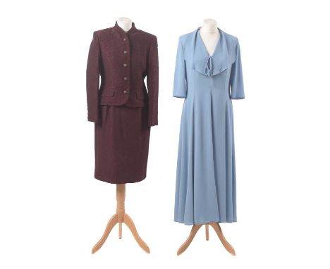 A dress and suit by Caroline Charles, the blue dress with oversized collar and bow front, the suit designed as a maroon skirt