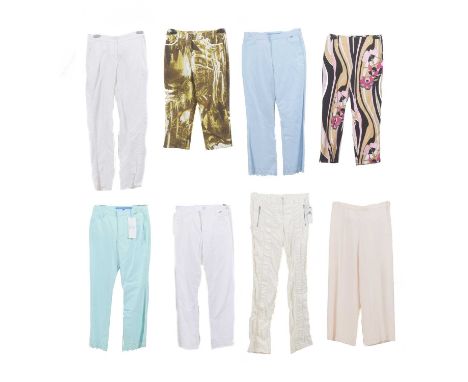 A selection of designer trousers, to include a pair of Laurel printed cropped trousers, a pair of DKNY white cotton flared tr
