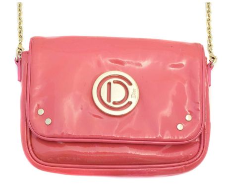A Christian Dior Mini Flap Crossbody Bag, circa 2009, the pink patent leather exterior with gold-tone hardware and detachable