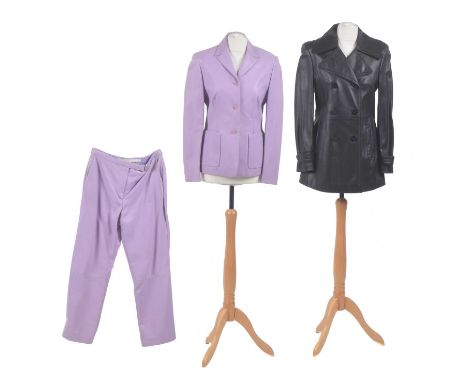 Three items of Escada sport leather clothing, to include a lilac leather two-piece set comprising trousers and jacket togethe