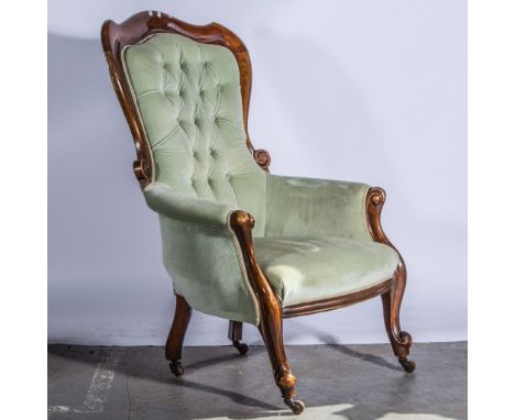 Victorian style stained wood ladies chair, upholstered in button celadon coloured draylon.