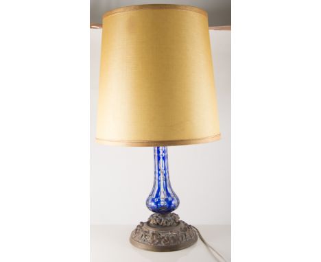 Victorian blue tinted and cut glass lamp base, 33cm, with later shade, and a silver plated serpentine tray (2)