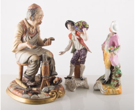 Meissen style figure of a gentleman in 18th century costume, underglazed blue cross trident mark, 24cm, other continental fig