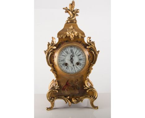 French mantel clock, dial damaged, bronze mounts, gilt case painted with figural scene and floral design, striking on a gong.