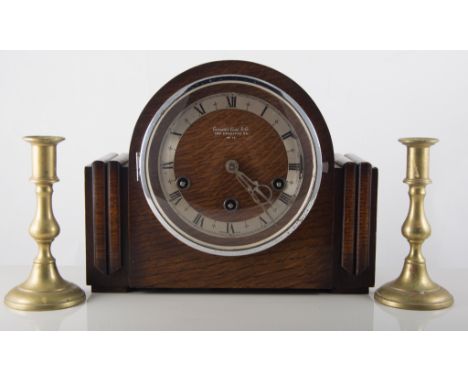 Quantity of stoneware ink bottles, modern cloisonne bowls, an oak cased three train mantel clock, name on dial Camerer Cuss &