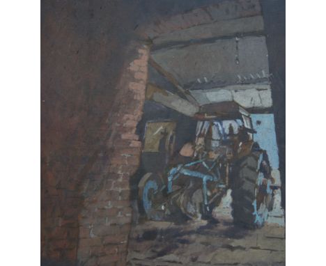 English School, 'An Old Red Tractor', indistinctly signed, oil on board, 60cm x 60cm; and another by the same hand, unframed,