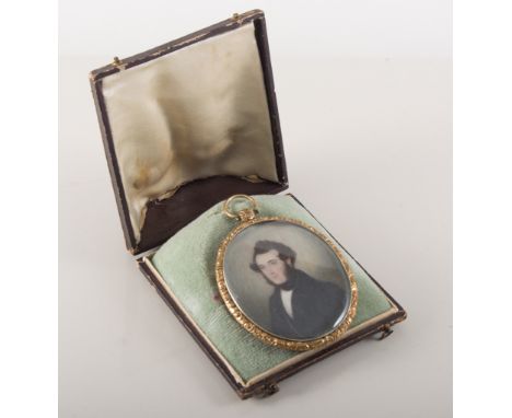 Oval miniature portrait study of a gentleman 6 x 5cm gilt metal frame, leather cased, and two circular miniature head and sho