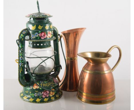 Copper warming pan, fireside companion set, painted canalware, hurricane lamp, shoe last, copper jugs.